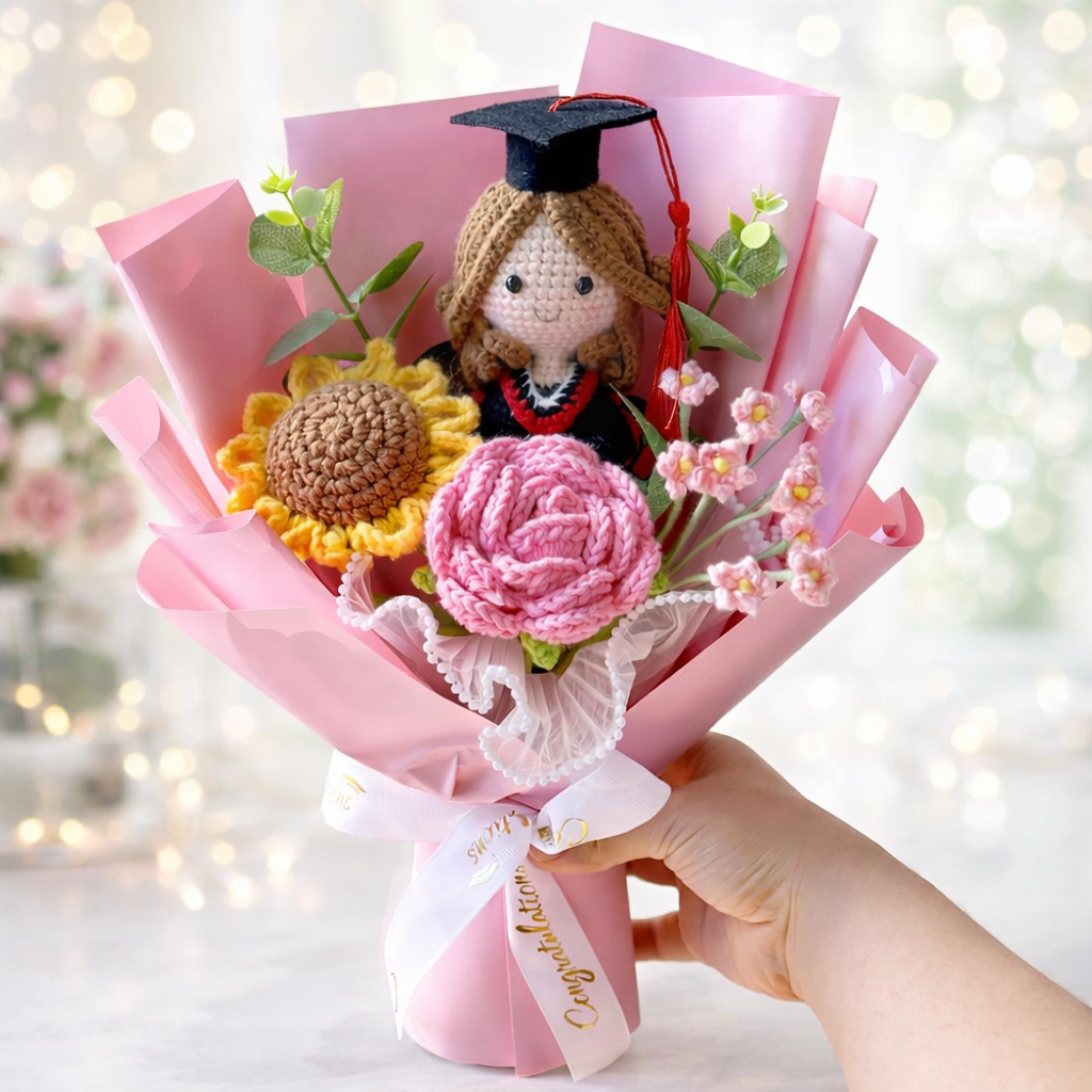 Handmade Crochet Graduation Bouquet with Amigurumi Doll – Unique Graduation Gift