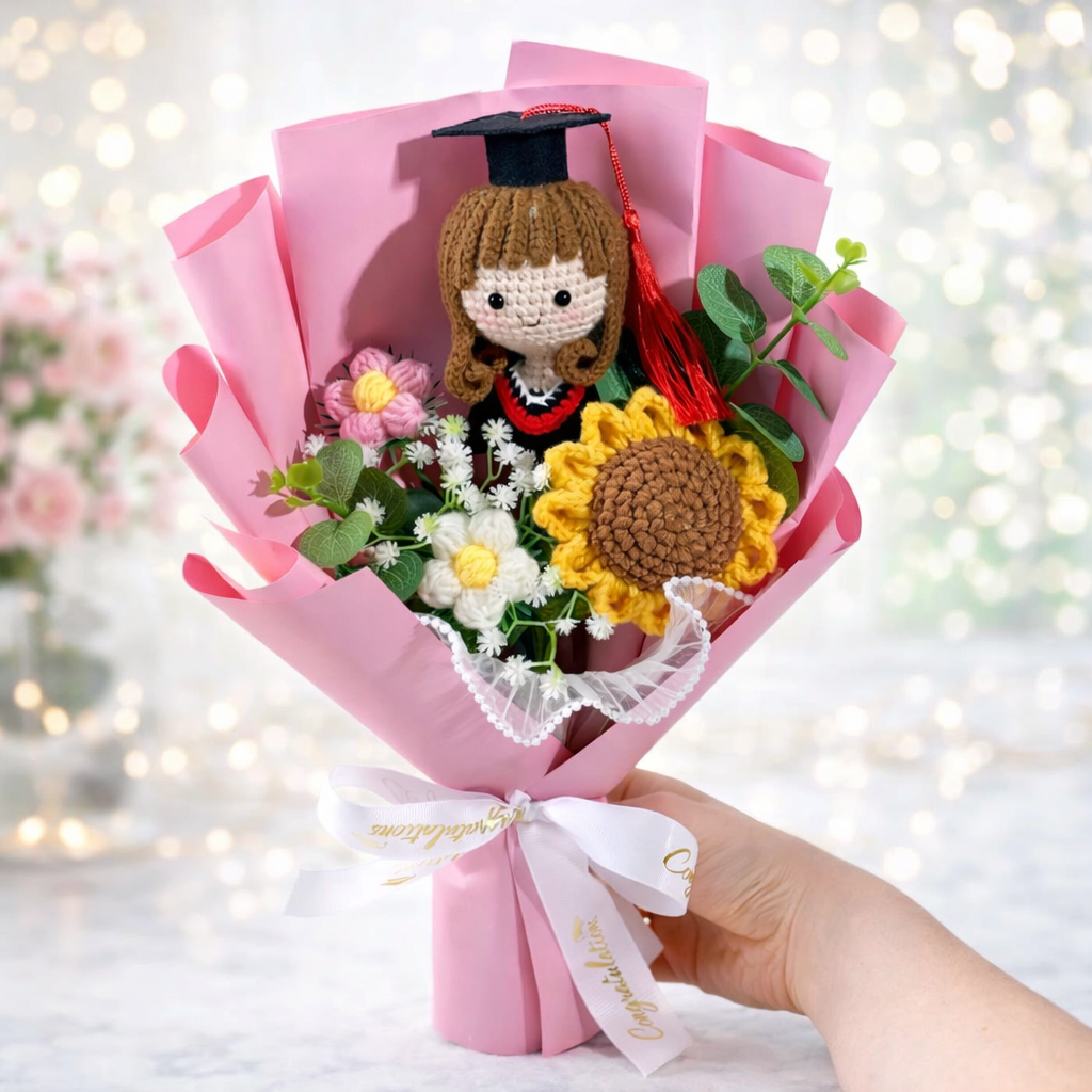 Handmade Crochet Graduation Bouquet with Amigurumi Doll – Unique Graduation Gift