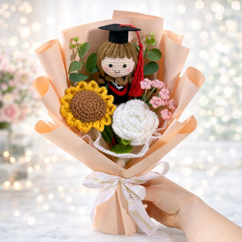 Handmade Crochet Graduation Bouquet with Amigurumi Doll – Unique Graduation Gift
