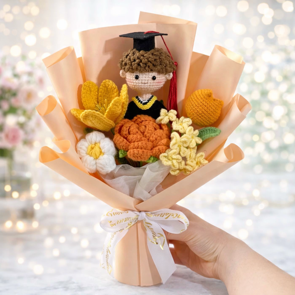 Handmade Crochet Graduation Bouquet with Amigurumi Doll – Unique Graduation Gift