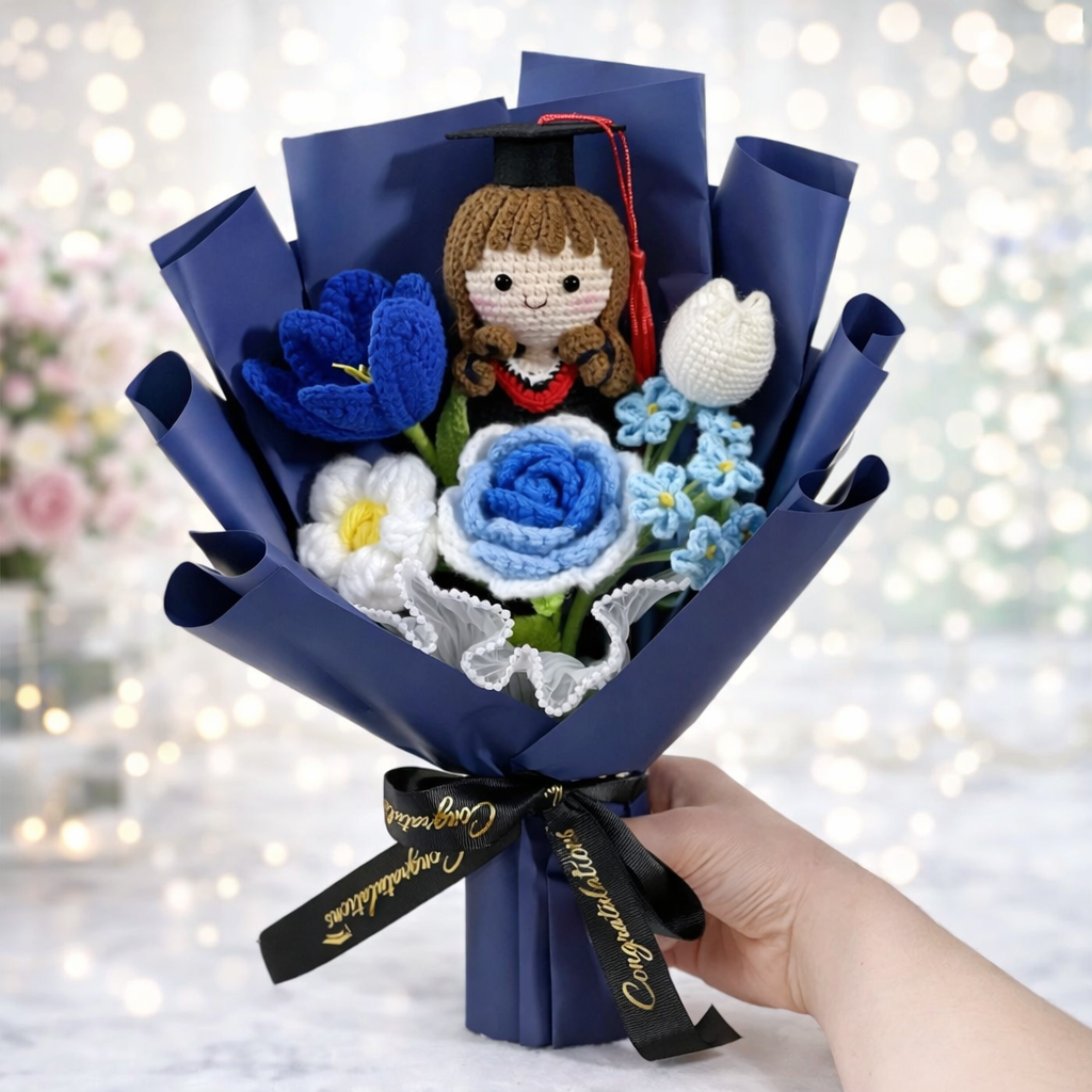 Handmade Crochet Graduation Bouquet with Amigurumi Doll – Unique Graduation Gift