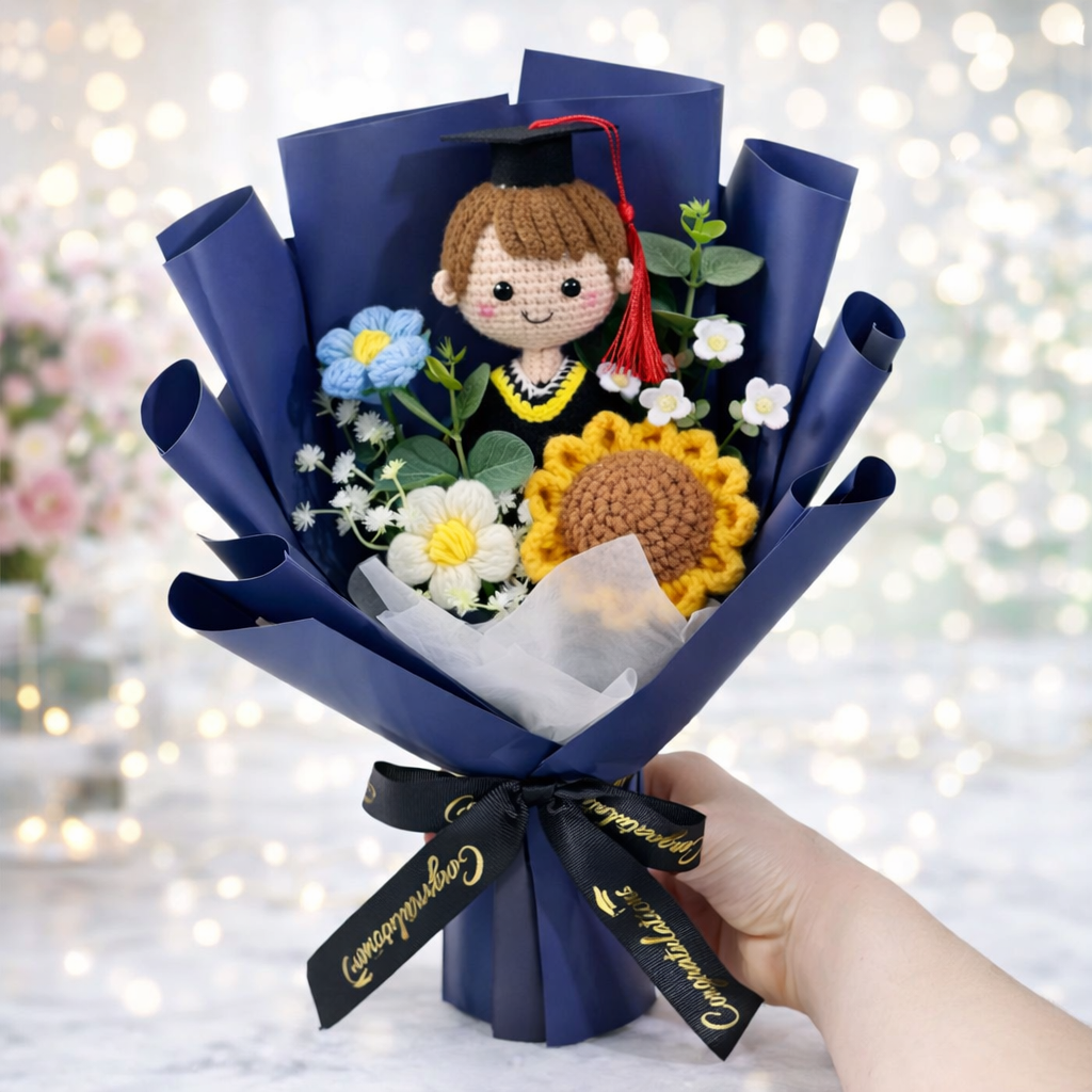 Handmade Crochet Graduation Bouquet with Amigurumi Doll – Unique Graduation Gift