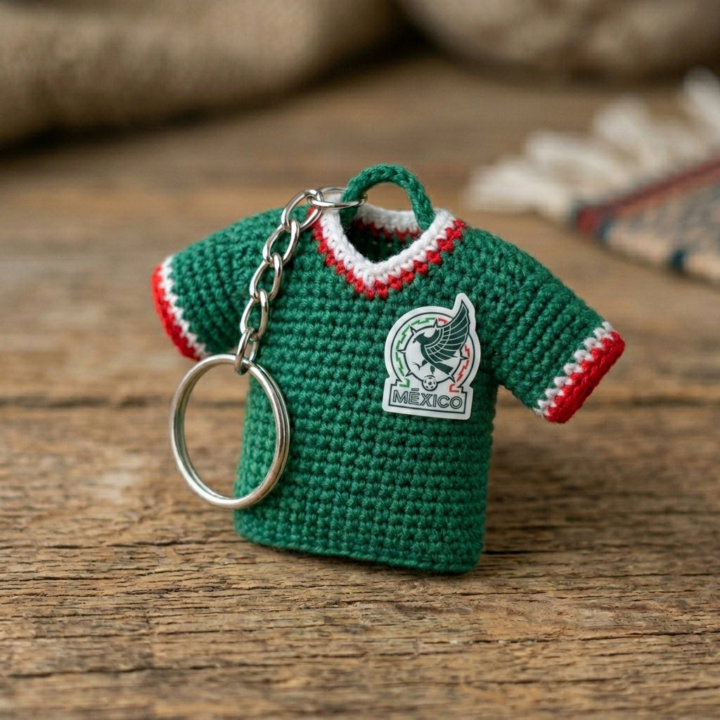 Handmade Crochet Soccer Jersey Keychain – Mini Football Shirt Keyring – Unique Gift for Soccer Fans