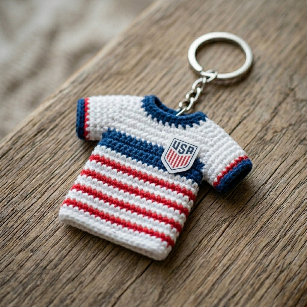 Handmade Crochet Soccer Jersey Keychain – Mini Football Shirt Keyring – Unique Gift for Soccer Fans