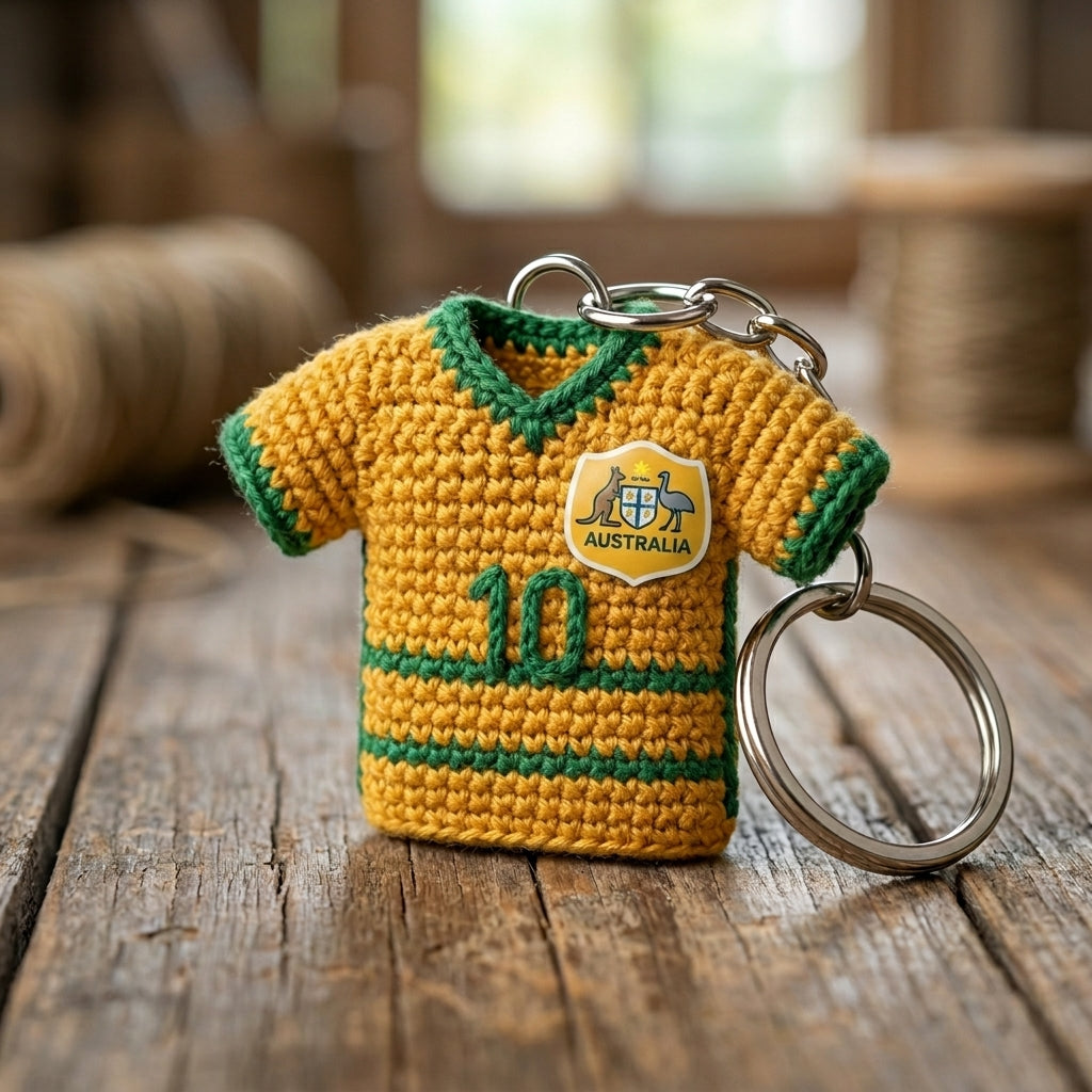 Handmade Crochet Soccer Jersey Keychain – Mini Football Shirt Keyring – Unique Gift for Soccer Fans