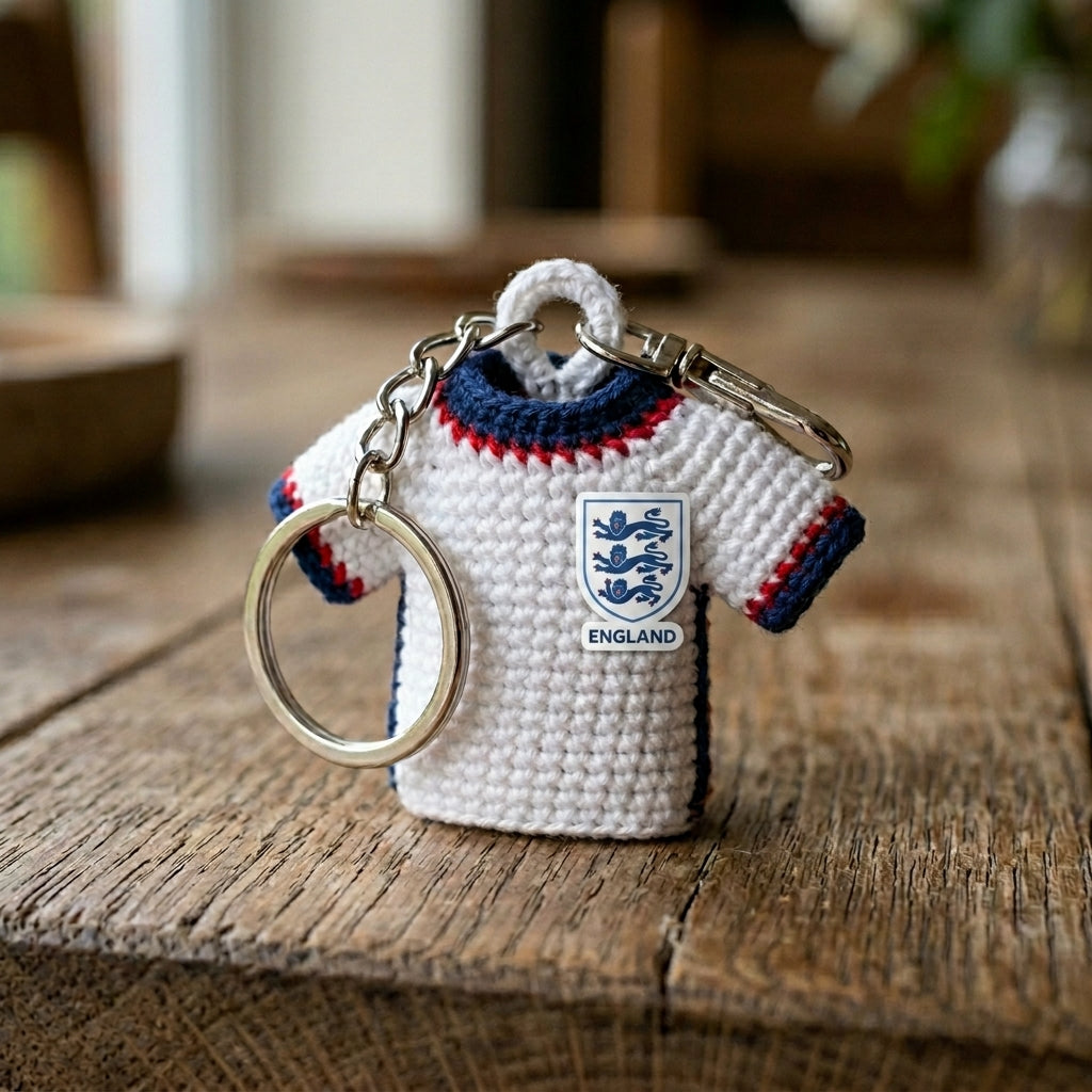 Handmade Crochet Soccer Jersey Keychain – Mini Football Shirt Keyring – Unique Gift for Soccer Fans