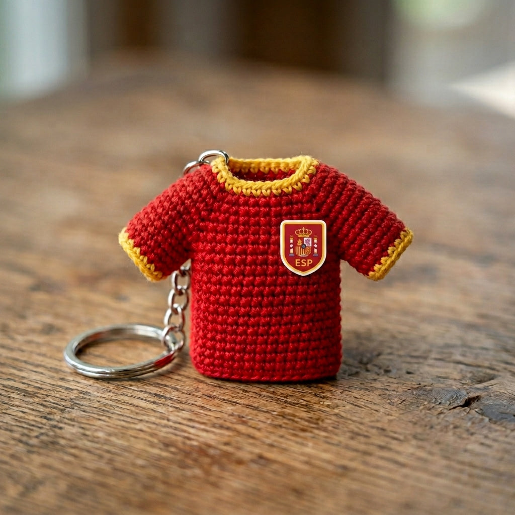 Handmade Crochet Soccer Jersey Keychain – Mini Football Shirt Keyring – Unique Gift for Soccer Fans