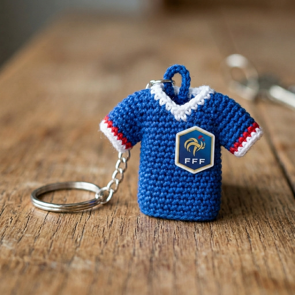 Handmade Crochet Soccer Jersey Keychain – Mini Football Shirt Keyring – Unique Gift for Soccer Fans