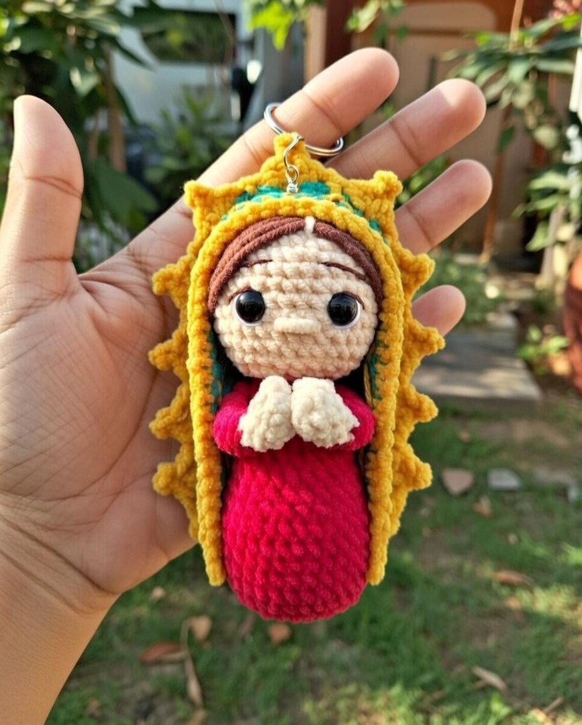 Handmade Crochet Virgin Mary Keychain, Amigurumi Religious Charm