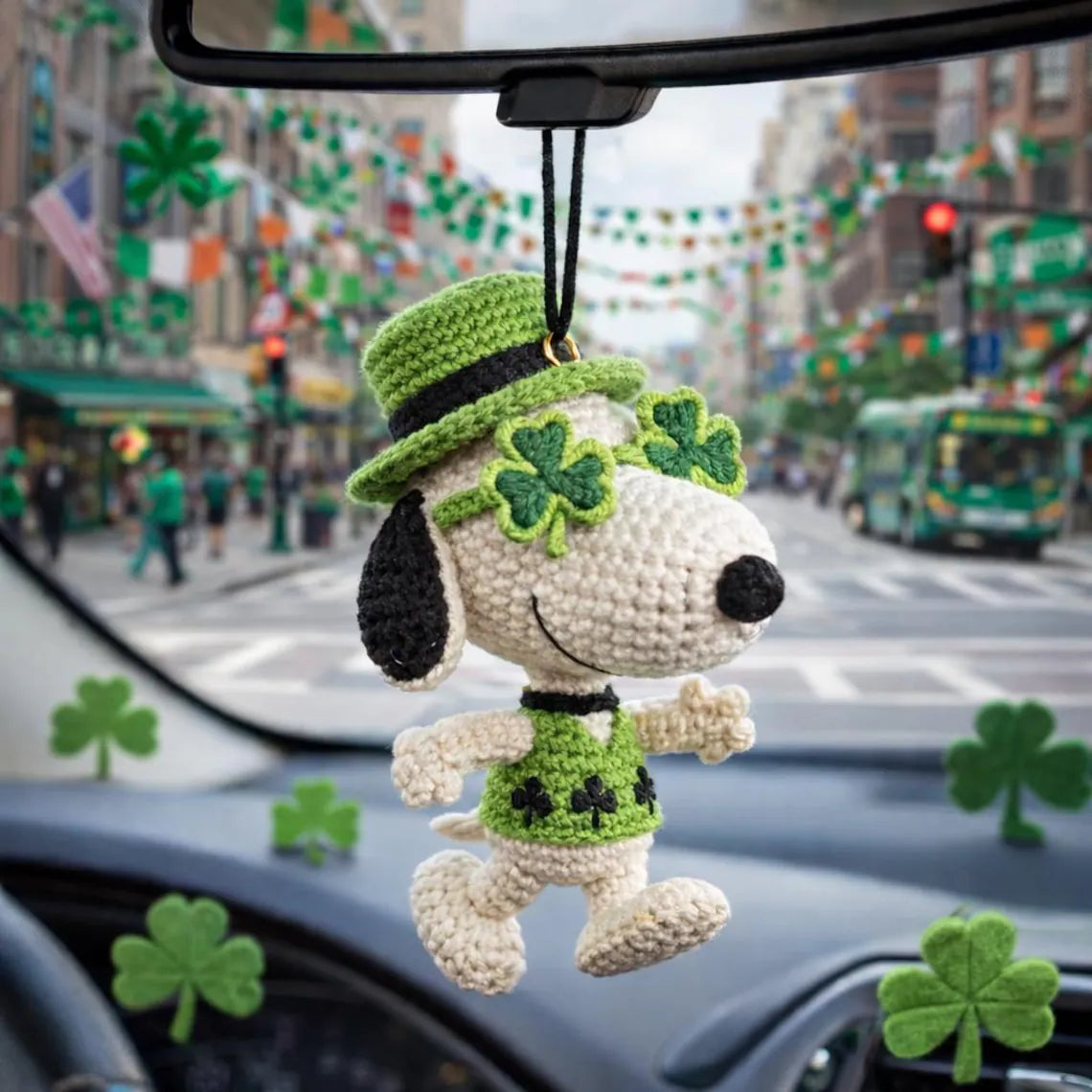 Snoopy St Patrick Car Charm, Crochet Shamrock Mirror Hanging, Lucky Peanuts Ornament Gift
