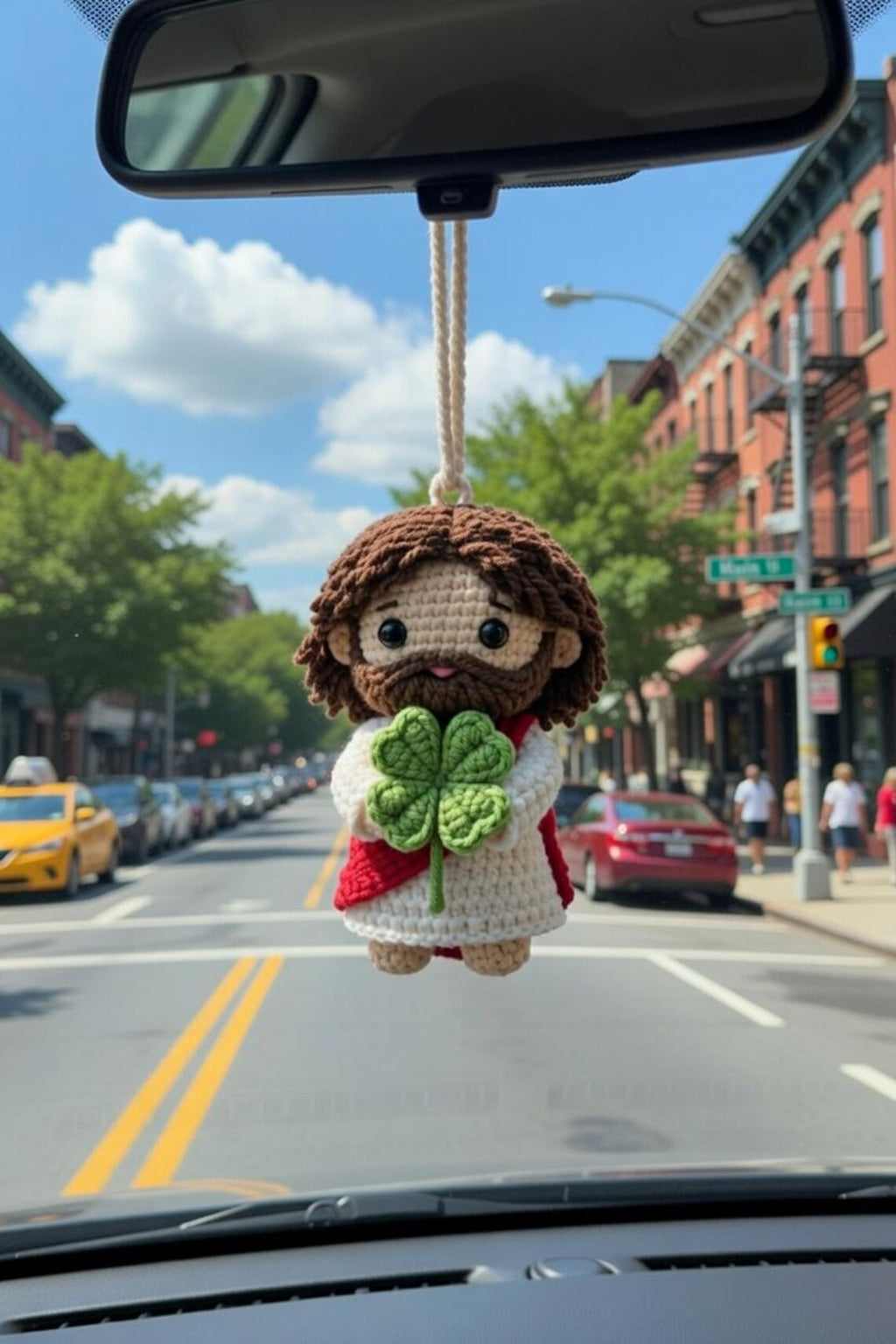 Jesus Car Charm, Crochet Christian Rearview Mirror Ornament, Catholic Religious Gift with Shamrock