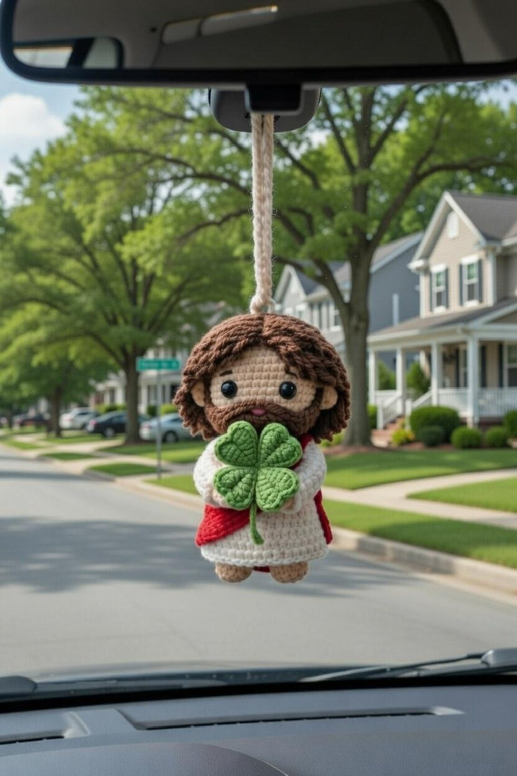 Jesus Car Charm, Crochet Christian Rearview Mirror Ornament, Catholic Religious Gift with Shamrock