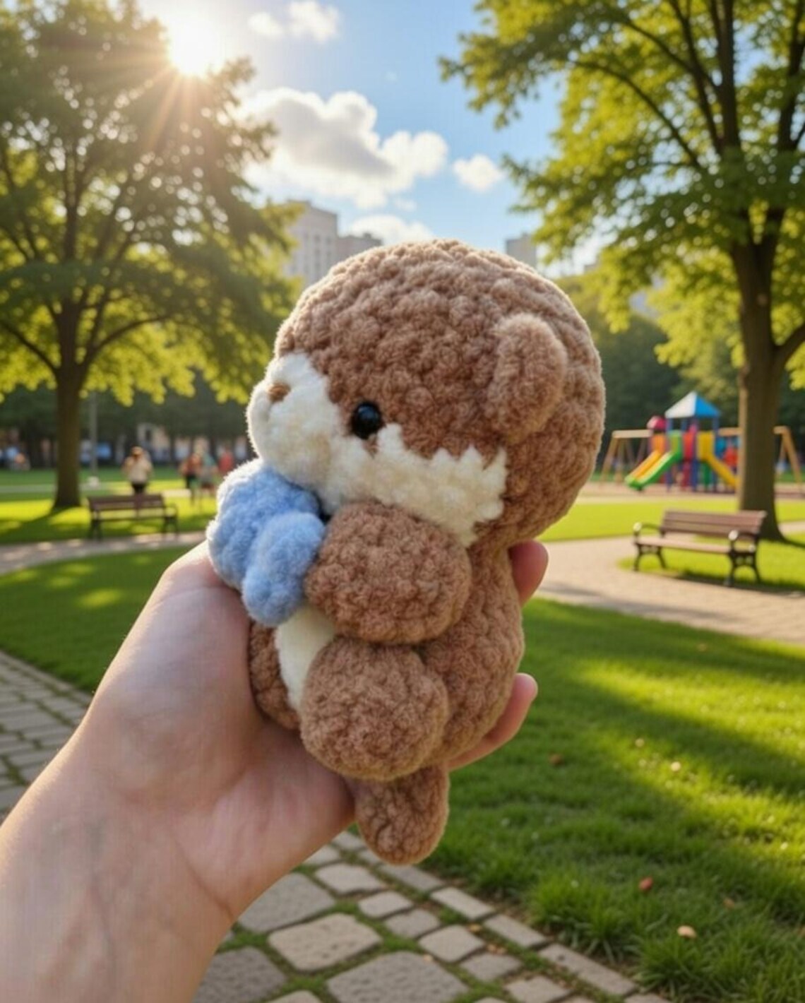 Handmade Crochet Otter Plush Holding Fish, Amigurumi Stuffed Animal Toy