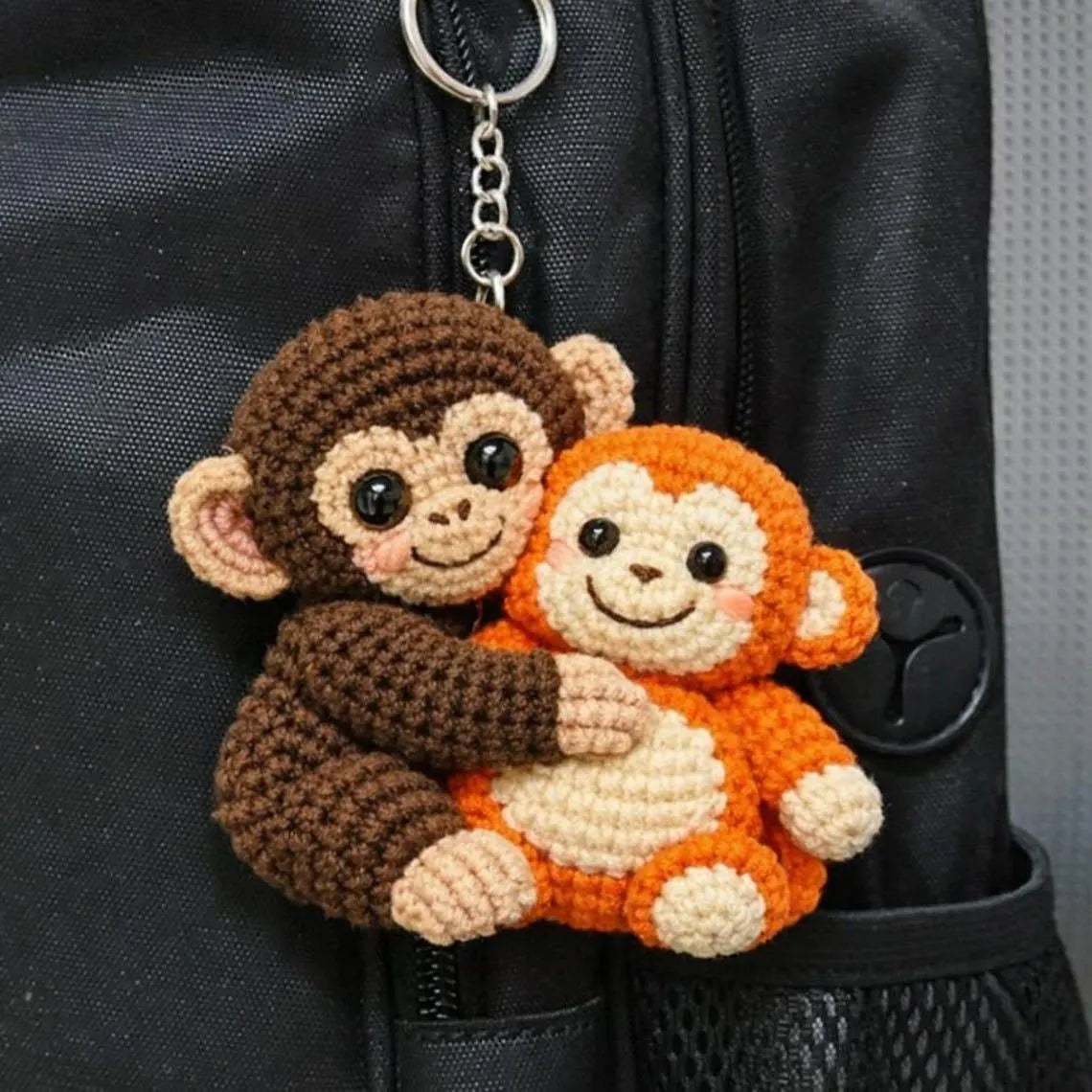 Crochet Monkey Keychain, Amigurumi Hugging Plush, Cotton Yarn Bag Charm