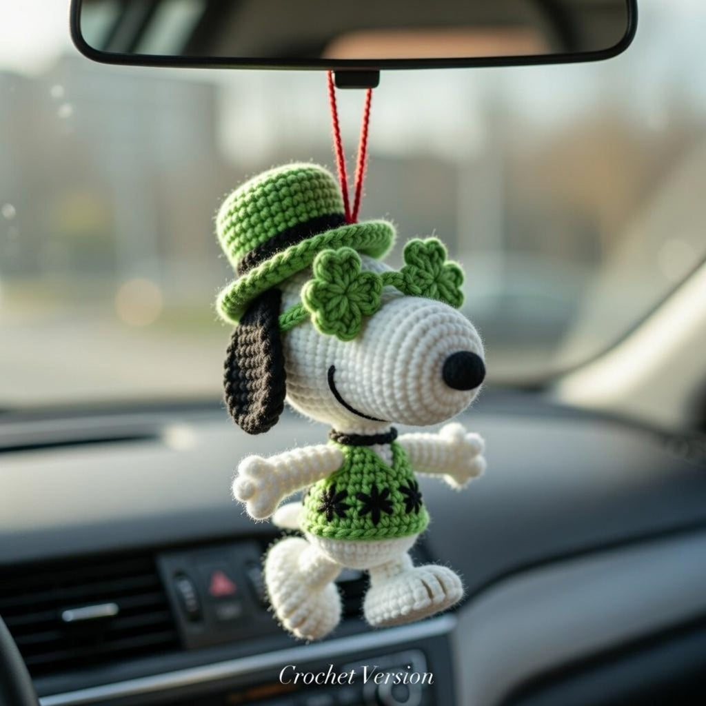 Snoopy St Patrick Car Charm, Crochet Shamrock Mirror Hanging, Lucky Peanuts Ornament Gift