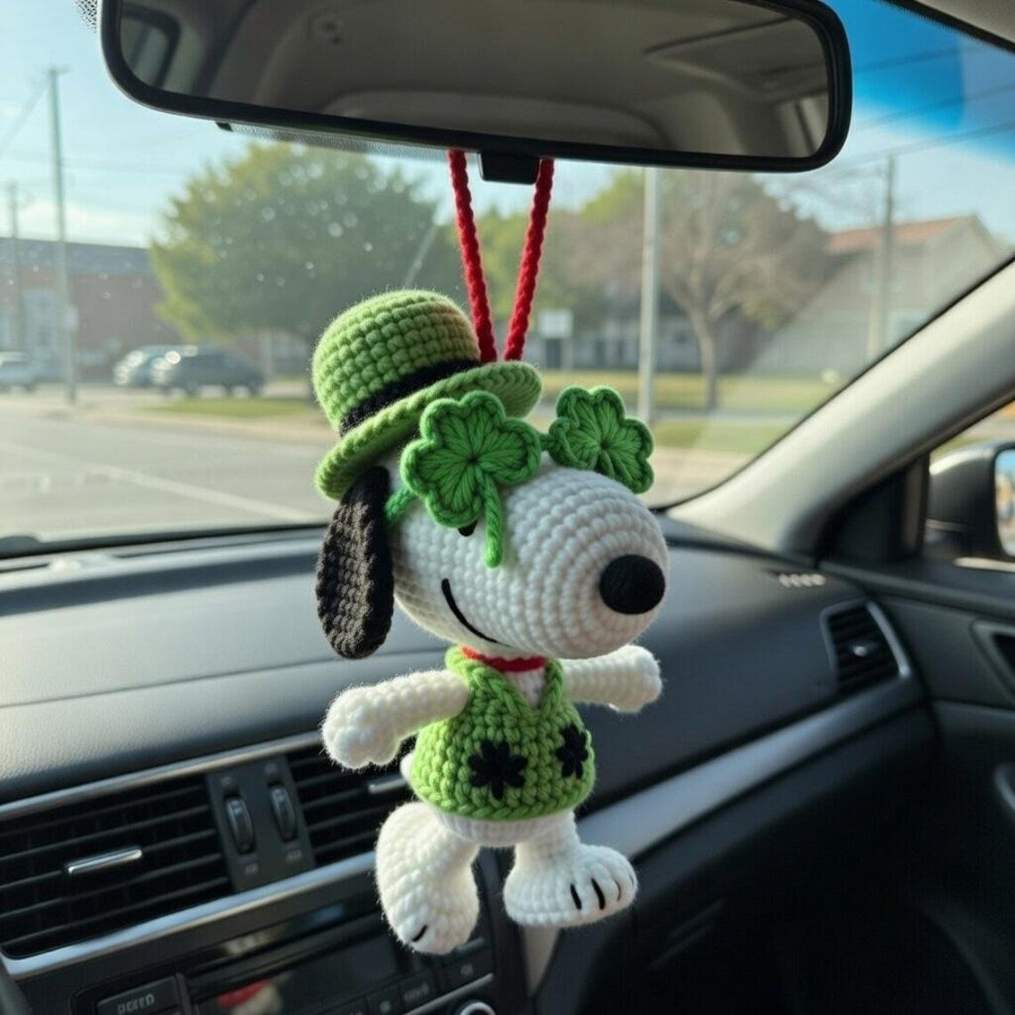 Snoopy St Patrick Car Charm, Crochet Shamrock Mirror Hanging, Lucky Peanuts Ornament Gift