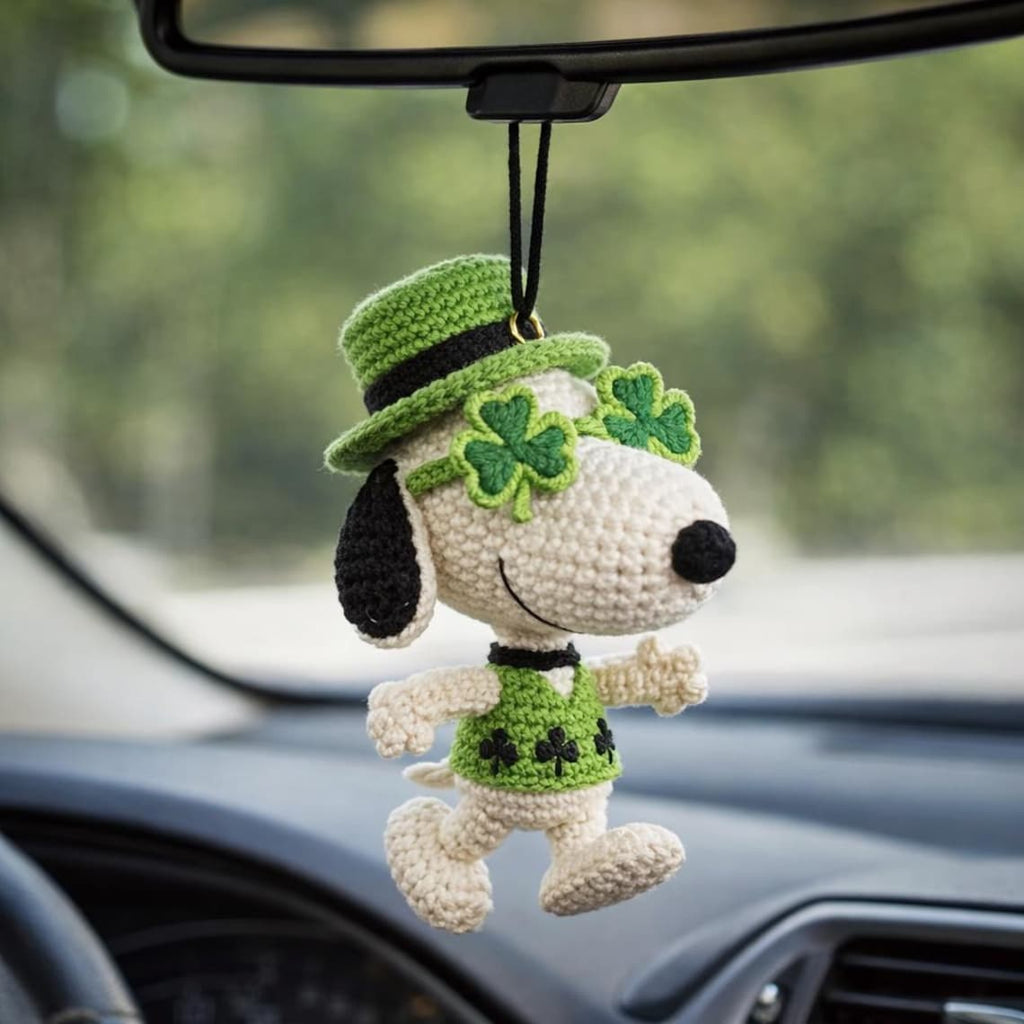 Snoopy St Patrick Car Charm, Crochet Shamrock Mirror Hanging, Lucky Peanuts Ornament Gift
