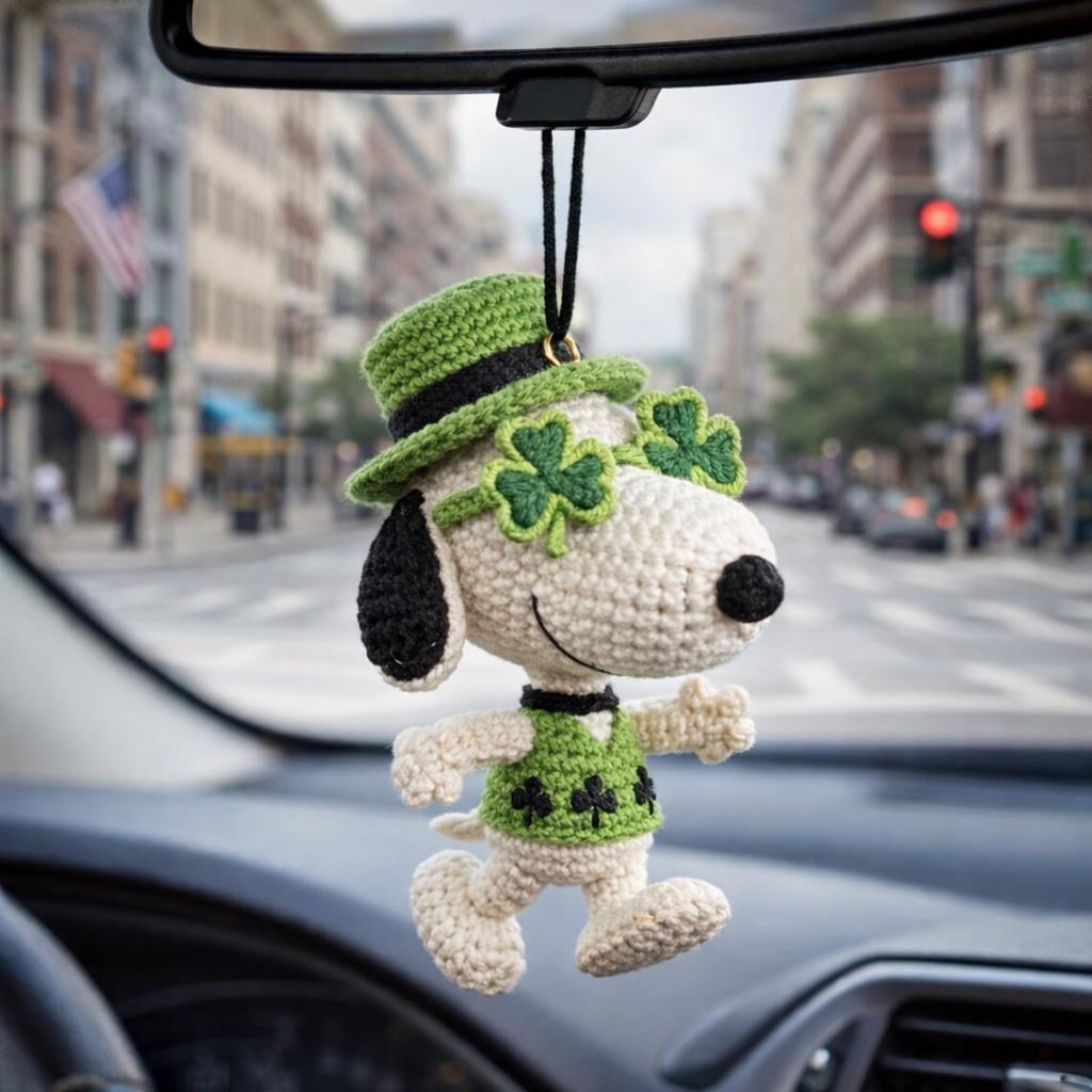 Snoopy St Patrick Car Charm, Crochet Shamrock Mirror Hanging, Lucky Peanuts Ornament Gift