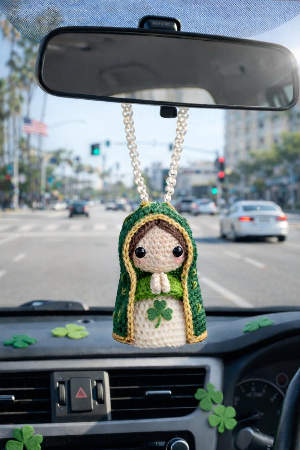 Crochet Virgin Mary Car Charm, St. Patrick's Day Shamrock Rearview Decor