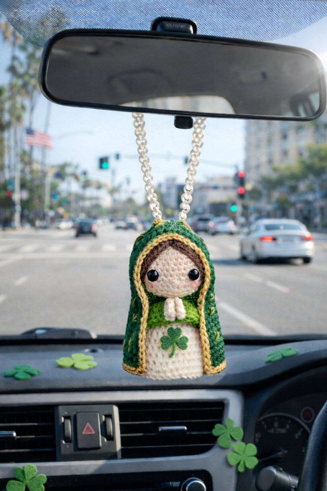 Crochet Virgin Mary Car Charm, St. Patrick's Day Shamrock Rearview Decor
