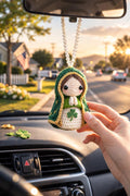 Crochet Virgin Mary Car Charm, St. Patrick's Day Shamrock Rearview Decor