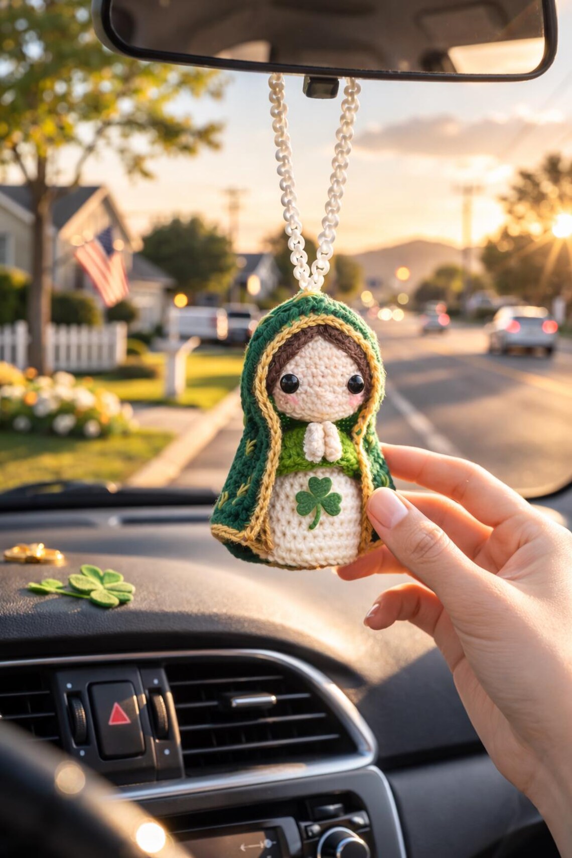 Crochet Virgin Mary Car Charm, St. Patrick's Day Shamrock Rearview Decor