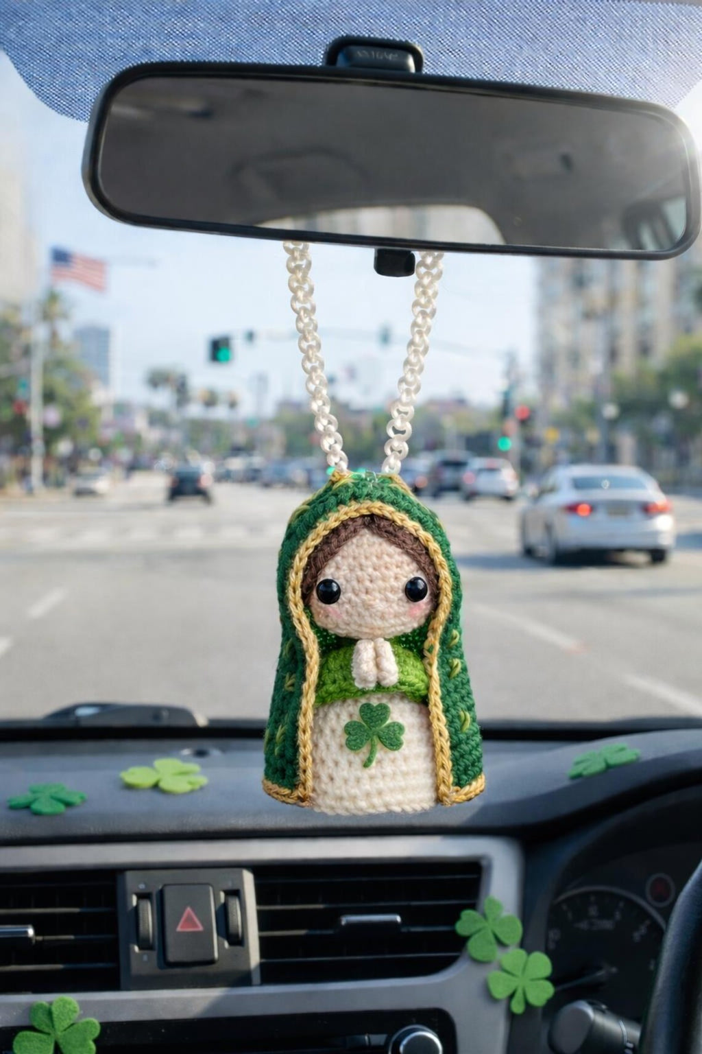 Crochet Virgin Mary Car Charm, St. Patrick's Day Shamrock Rearview Decor