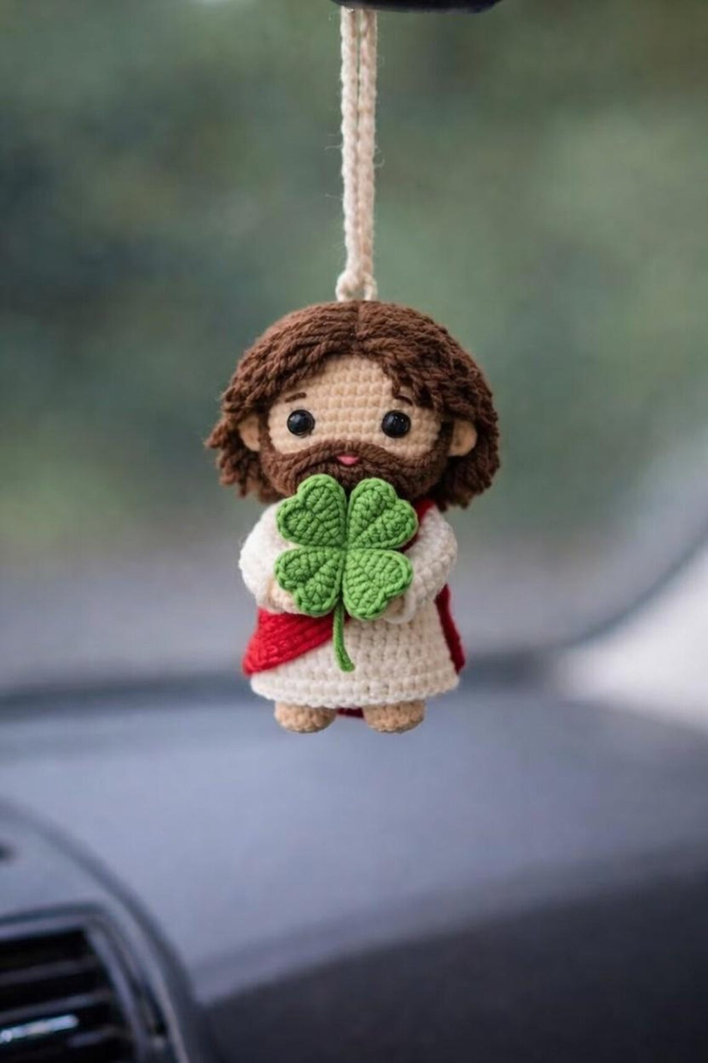 Jesus Car Charm, Crochet Christian Rearview Mirror Ornament, Catholic Religious Gift with Shamrock
