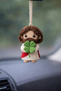 Jesus Car Charm, Crochet Christian Rearview Mirror Ornament, Catholic Religious Gift with Shamrock