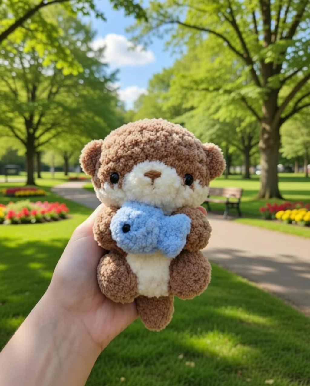 Handmade Crochet Otter Plush Holding Fish, Amigurumi Stuffed Animal Toy