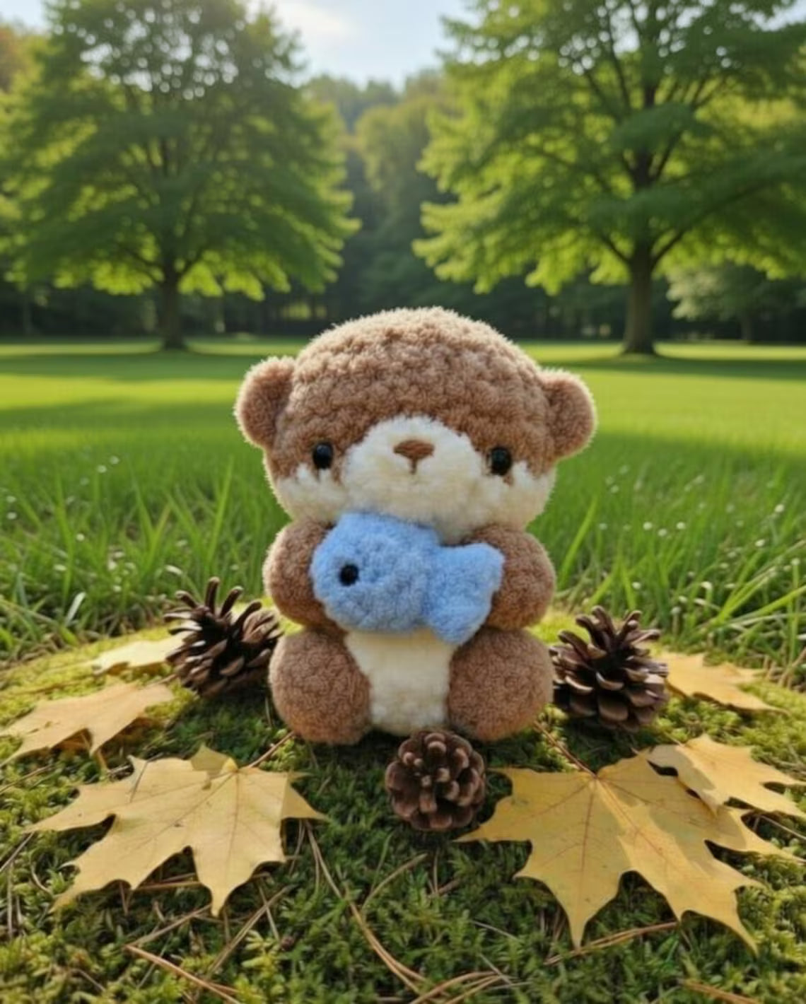 Handmade Crochet Otter Plush Holding Fish, Amigurumi Stuffed Animal Toy