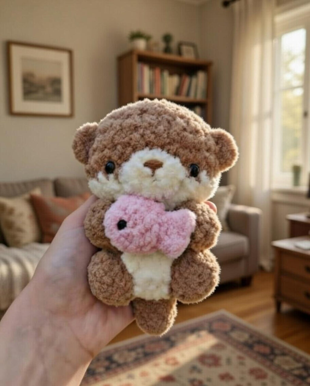 Handmade Crochet Otter Plush Holding Fish, Amigurumi Stuffed Animal Toy