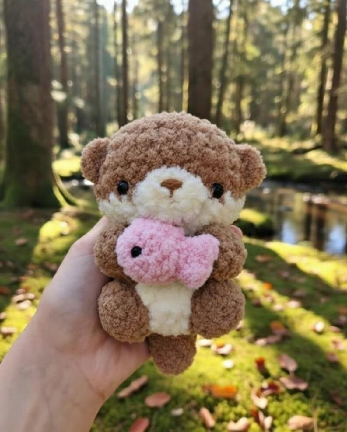 Handmade Crochet Otter Plush Holding Fish, Amigurumi Stuffed Animal Toy