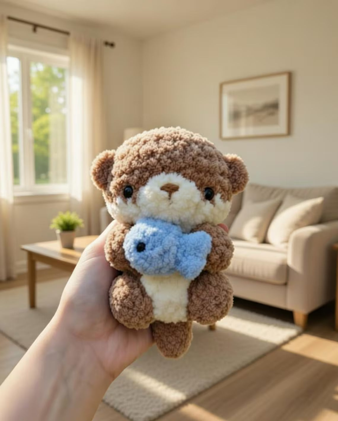 Handmade Crochet Otter Plush Holding Fish, Amigurumi Stuffed Animal Toy