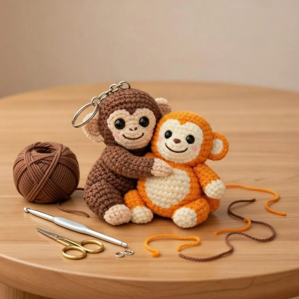 Crochet Monkey Keychain, Amigurumi Hugging Plush, Cotton Yarn Bag Charm