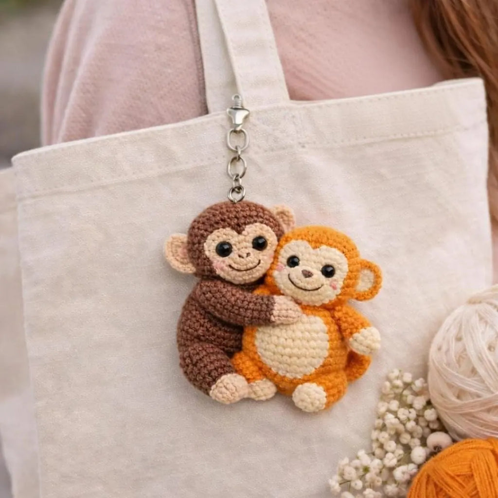 Crochet Monkey Keychain, Amigurumi Hugging Plush, Cotton Yarn Bag Charm