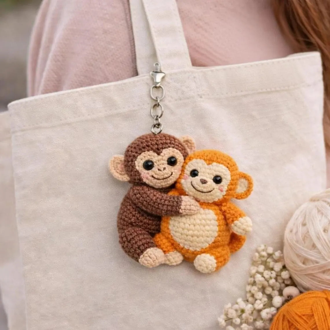 Crochet Monkey Keychain, Amigurumi Hugging Plush, Cotton Yarn Bag Charm