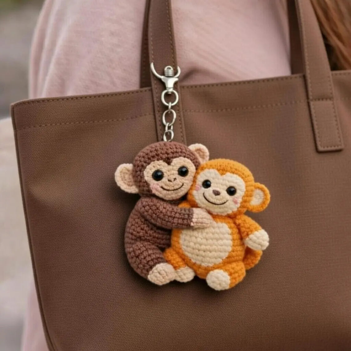 Crochet Monkey Keychain, Amigurumi Hugging Plush, Cotton Yarn Bag Charm