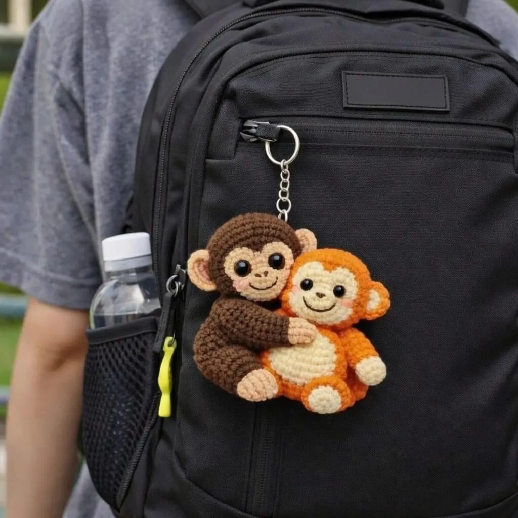 Crochet Monkey Keychain, Amigurumi Hugging Plush, Cotton Yarn Bag Charm