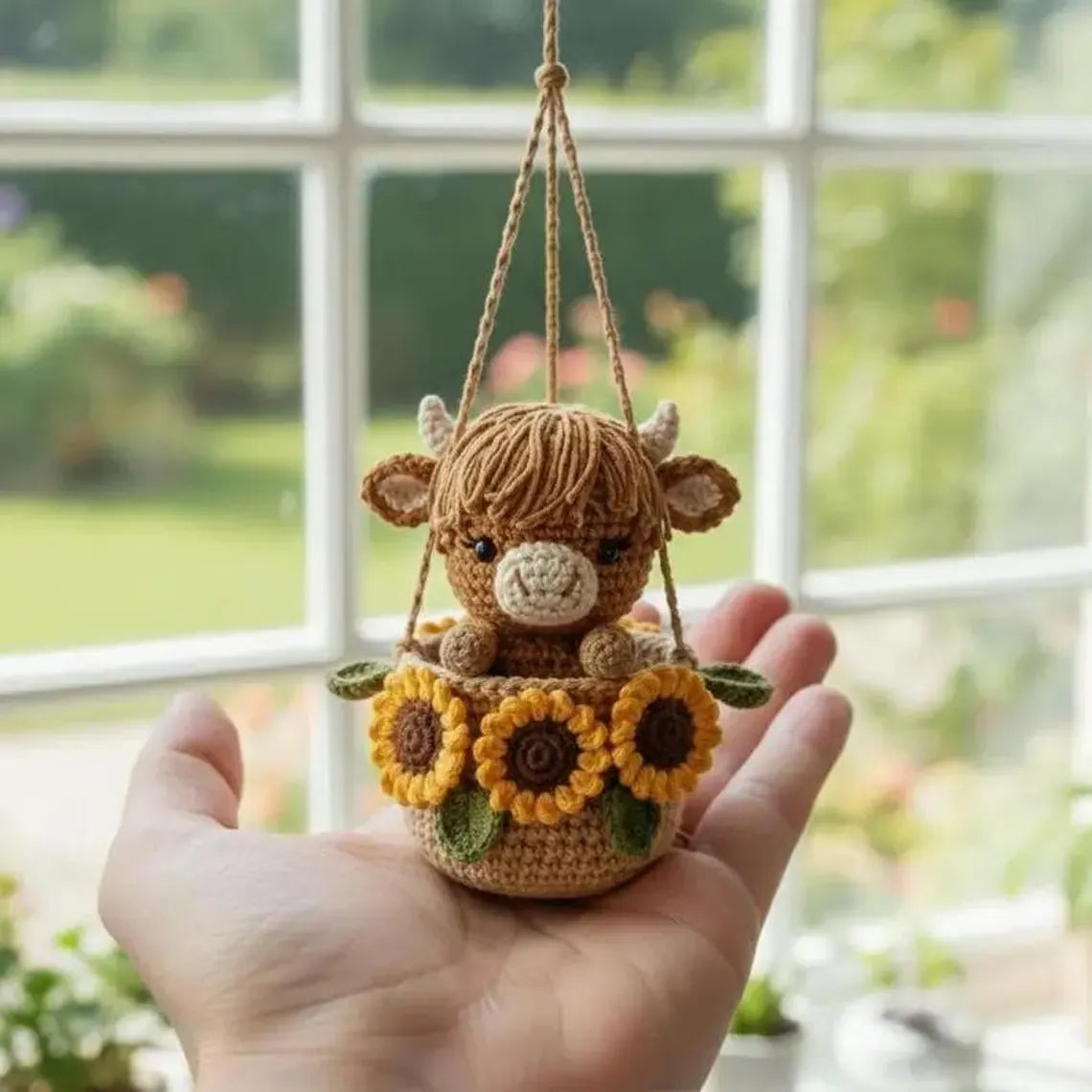 Crochet Highland Cow Car Charm, Sunflower Pot Hanging Decor, Amigurumi Accessory, Boho Farmhouse Decor