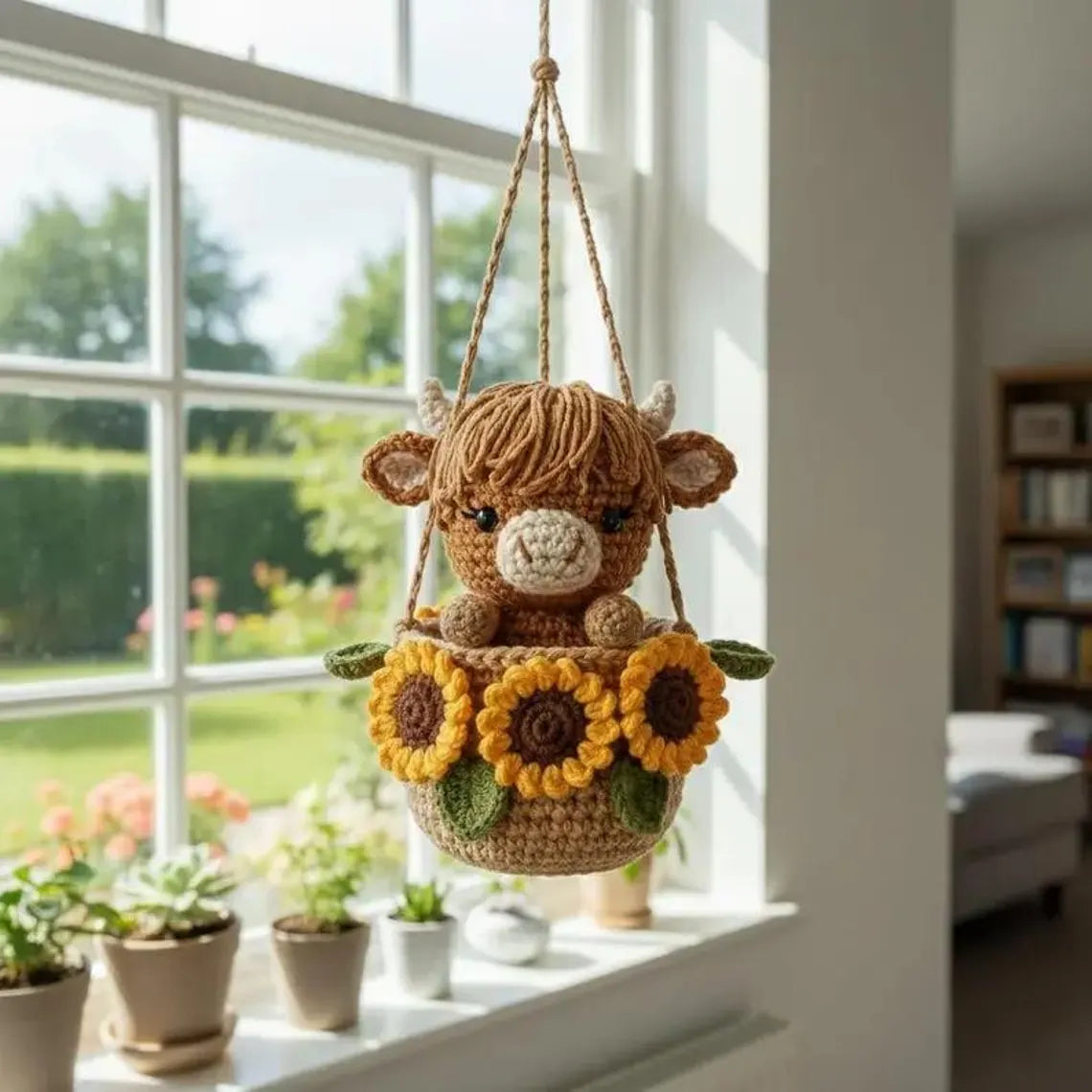 Crochet Highland Cow Car Charm, Sunflower Pot Hanging Decor, Amigurumi Accessory, Boho Farmhouse Decor