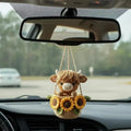 Crochet Highland Cow Car Charm, Sunflower Pot Hanging Decor, Amigurumi Accessory, Boho Farmhouse Decor