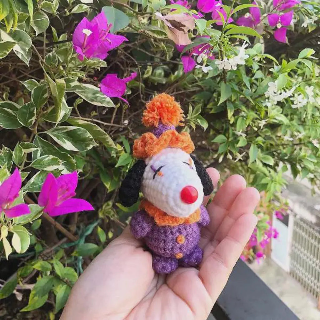 Crochet Clown Snoopy Plush, Handmade Amigurumi Dog Toy, Circus Halloween Decor