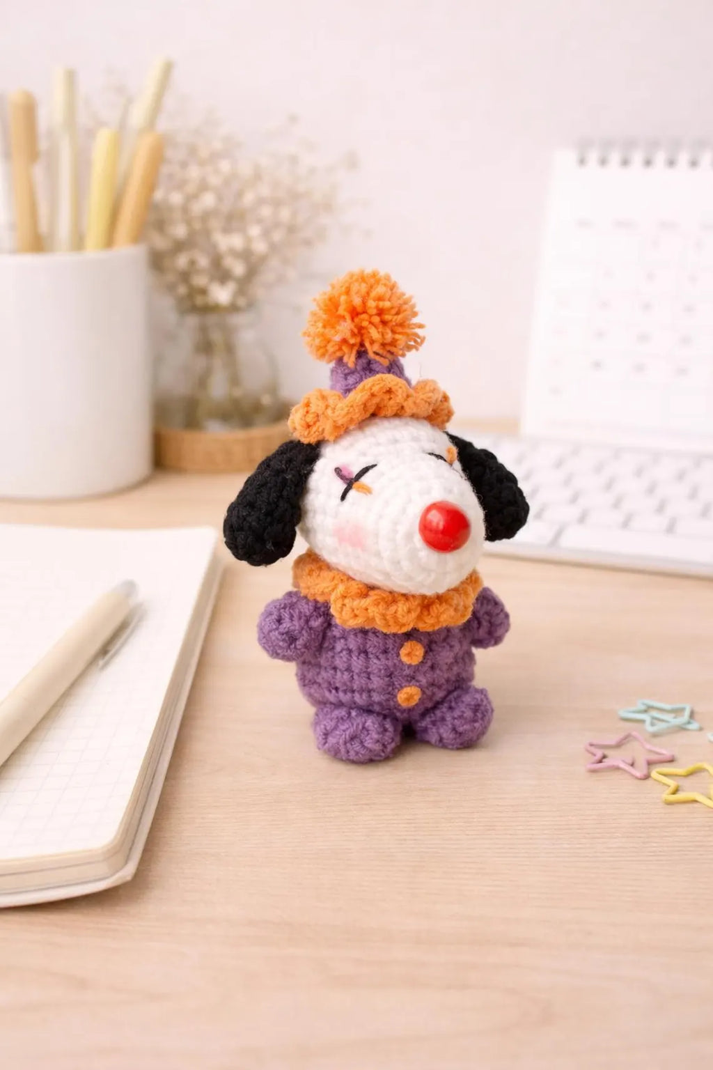 Crochet Clown Snoopy Plush, Handmade Amigurumi Dog Toy, Circus Halloween Decor