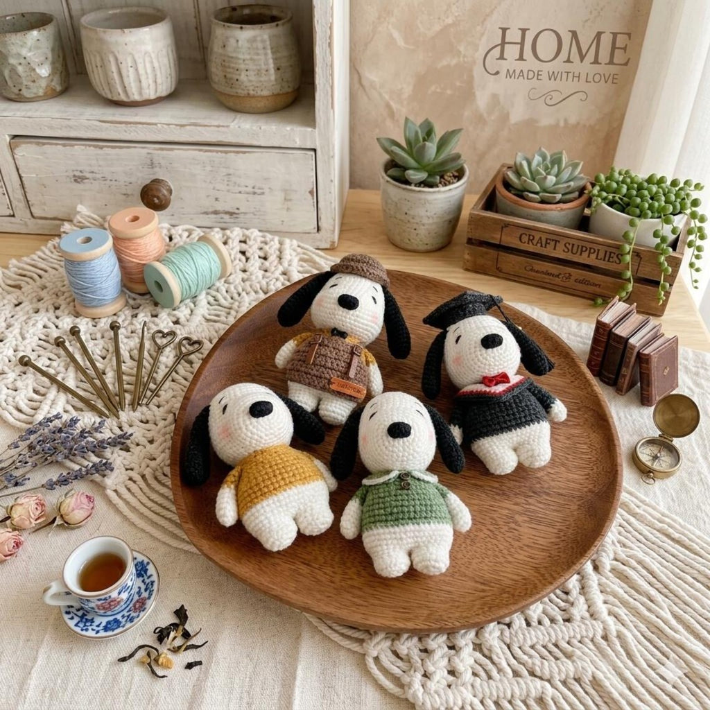 Snoopy Crochet Doll, Amigurumi Dog Plush Toy, Cartoon Kawaii Figure, Gift for Dog Lovers