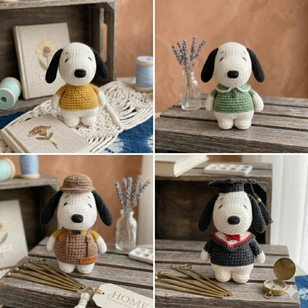 Snoopy Crochet Doll, Amigurumi Dog Plush Toy, Cartoon Kawaii Figure, Gift for Dog Lovers