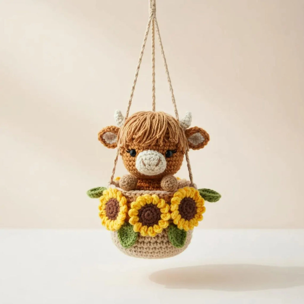 Crochet Highland Cow Car Charm, Sunflower Pot Hanging Decor, Amigurumi Accessory, Boho Farmhouse Decor