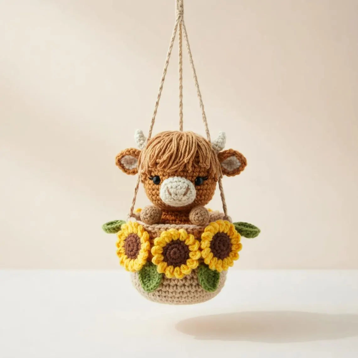 Crochet Highland Cow Car Charm, Sunflower Pot Hanging Decor, Amigurumi Accessory, Boho Farmhouse Decor