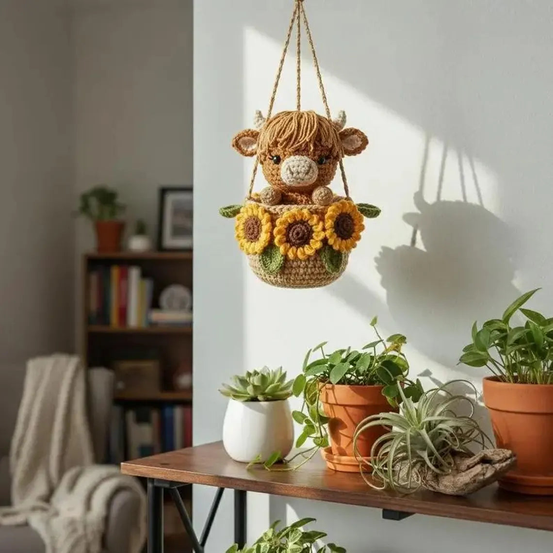 Crochet Highland Cow Car Charm, Sunflower Pot Hanging Decor, Amigurumi Accessory, Boho Farmhouse Decor