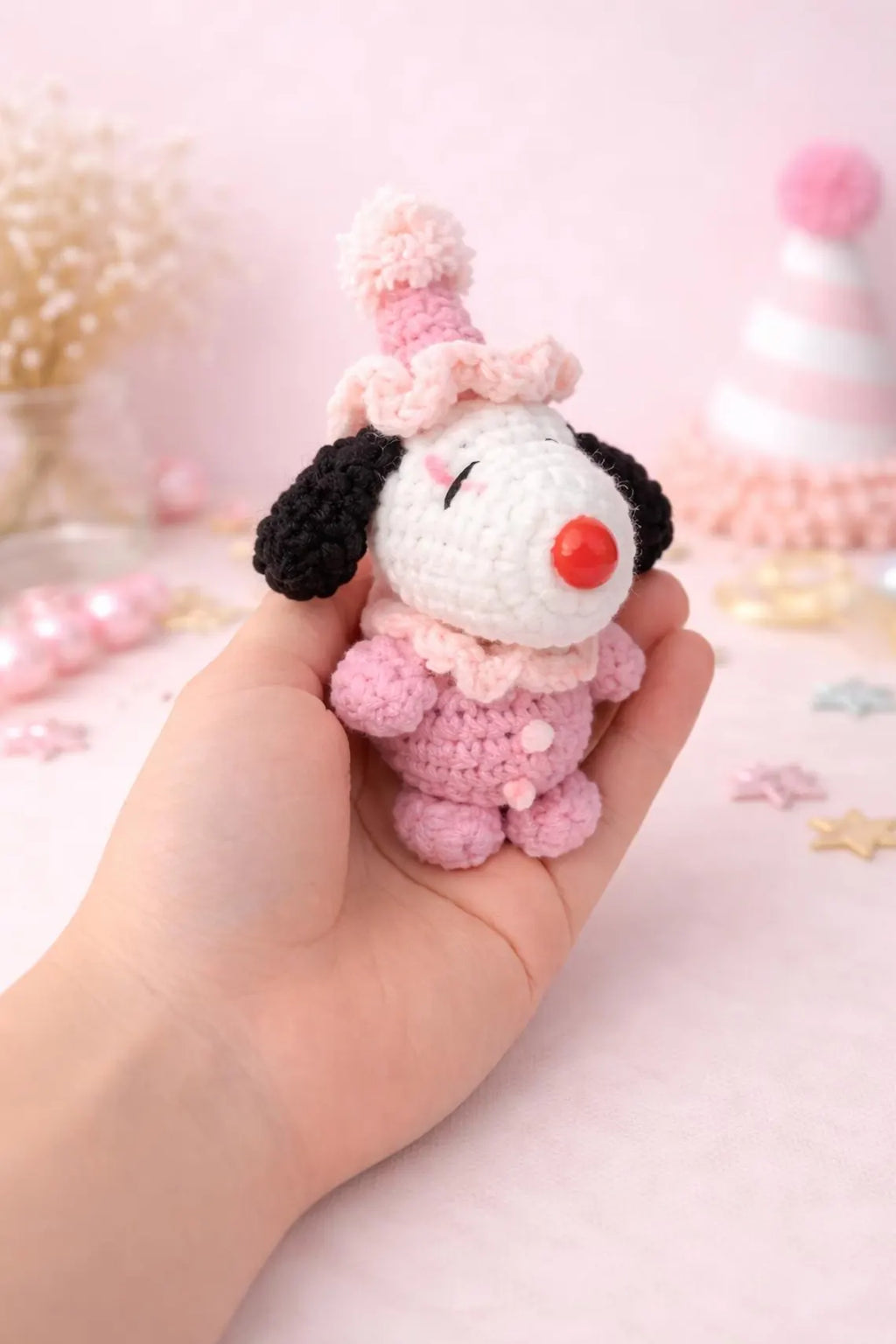 Crochet Clown Snoopy Plush, Handmade Amigurumi Dog Toy, Circus Halloween Decor